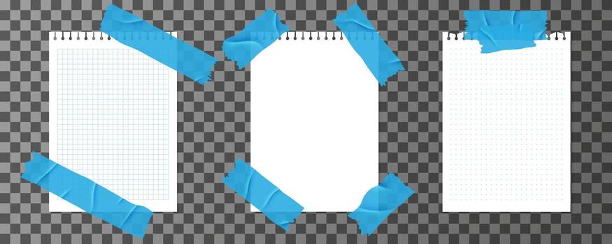 Set of sheets of paper with adhesive duct tape. Blank pages for text. Empty notebook pages for notes and message with blue sticky strips vector