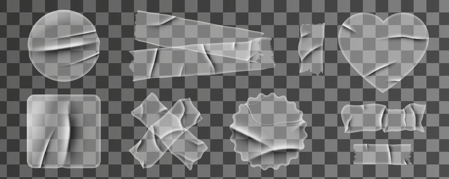 Transparent duct tape set. Adhesive scotch tape for the frame. Torn pieces of masking tape with wrinkles in various shapes, circle, heart, square vector