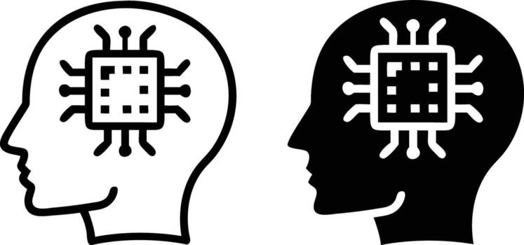 Artificial Intelligence Brain Icon, Human Head with Chip Symbol, Machine Learning Mind , AI Technology Silhouette vector