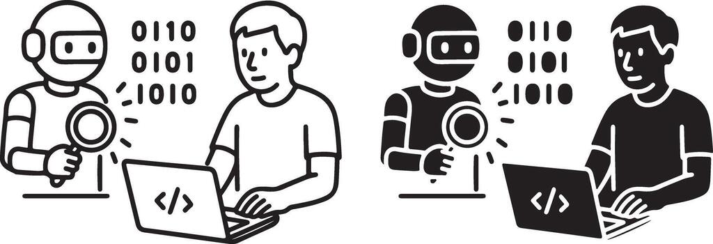 AI and Human Coder Icon, Debugging Teamwork Symbol, Machine Learning Programming , Binary Code Silhouette vector
