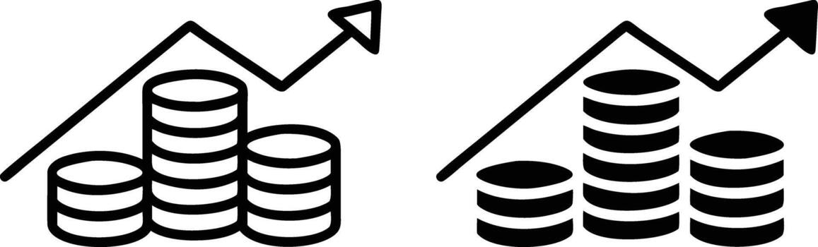 A black and white illustration of a stack of coins and a graph vector