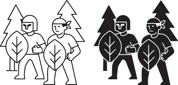 Two men with shields and swords in the forest vector