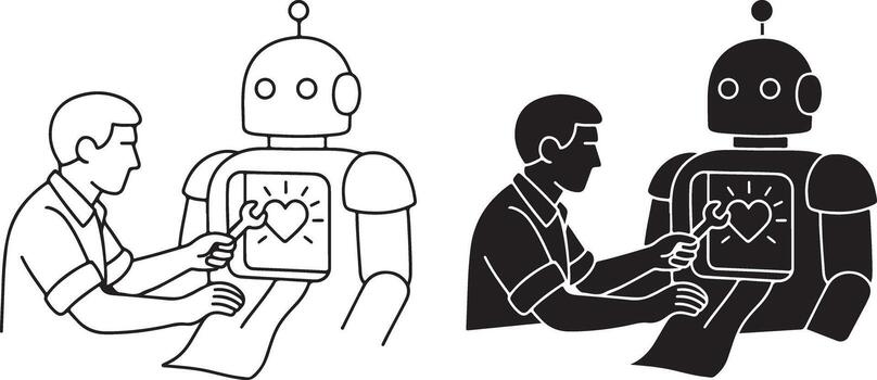 Two black and white illustrations of a man and a robot vector