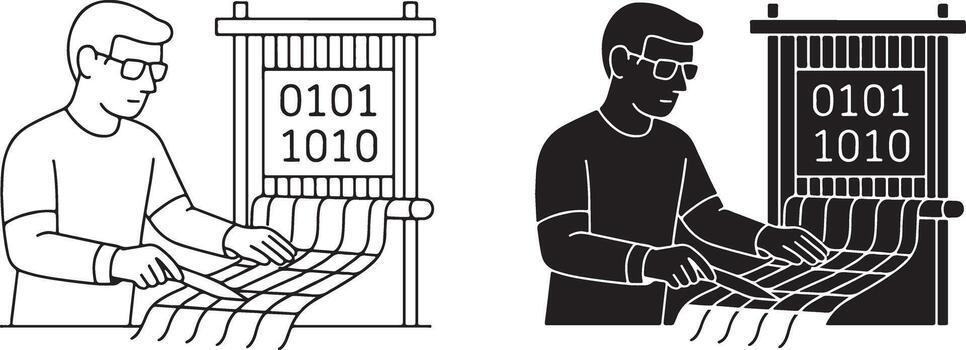 un hombre es trabajando en un computadora y un máquina vector