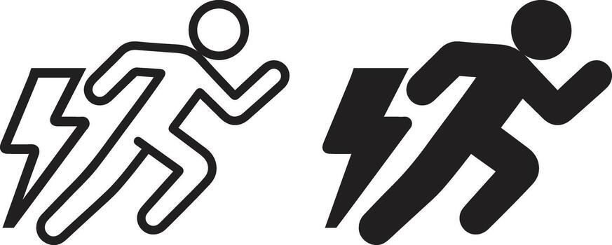 Two black and white icons of a man running and a man with a lightning bolt vector