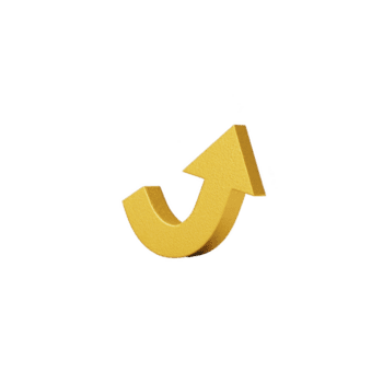 3D yellow arrow pointing upwards with curved base, symbolizing growth or progress. arrow is isolated on transparency background, emphasizing its vibrant color and dynamic shape png