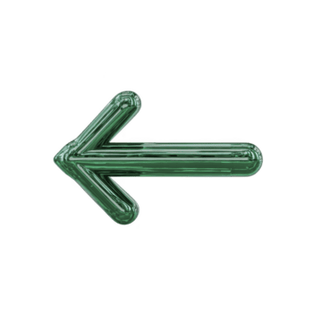 Green, glossy left pointing arrow with shiny, reflective surface, isolated on transparency background. arrow has 3D appearance, giving it modern and sleek look png