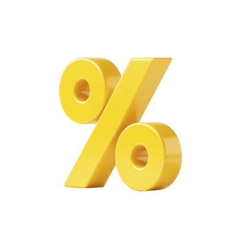 Shiny, three dimensional yellow percentage symbol stands out against plain background, symbolizing concepts of finance, discounts, and mathematics. bold design conveys sense of importance png