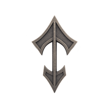 metallisch Pfeil geformt Symbol mit texturiert Oberfläche, mit einzigartig Design und dunkel beenden, steht aus gegen einfach Hintergrund. Symbol kompliziert Einzelheiten und Fett gedruckt gestalten vermitteln Sinn von Stärke png