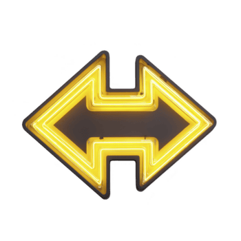 raggiante giallo neon freccia cartello punti nel tutti e due indicazioni, la creazione di vivace e occhio attraente effetto. luminosa illuminazione contro trasparenza sfondo Aggiunge moderno e dinamico sentire png