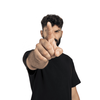 Man in black t shirt points directly at camera with serious expression, emphasizing gesture of focus or accusation. background is transparent, highlighting subject png