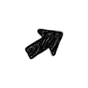 Hand drawn, sketch style arrow pointing diagonally upward, symbolizing progress or direction. arrow is black with textured, scribbled appearance, set against transparent background png