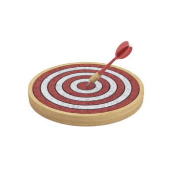 Red dart is perfectly hitting bullseye on circular dartboard with wooden frame, symbolizing precision and success. board features concentric red and white circles png