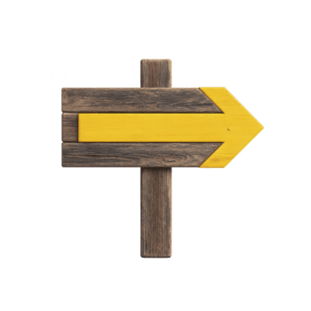 rustico di legno cartello stradale con luminosa giallo freccia punti per Giusto, simboleggiante direzione e guida. contrasto fra naturale legna struttura e vivace freccia crea Impressionante visivo png