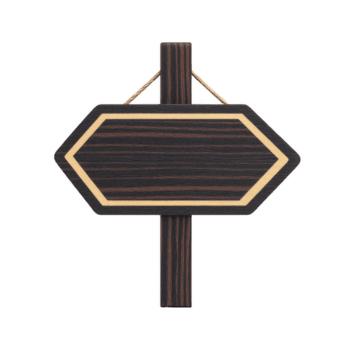 Wooden hexagonal sign with dark finish and light border hangs from post, offering rustic and elegant appearance. sign is blank, ready for customization png
