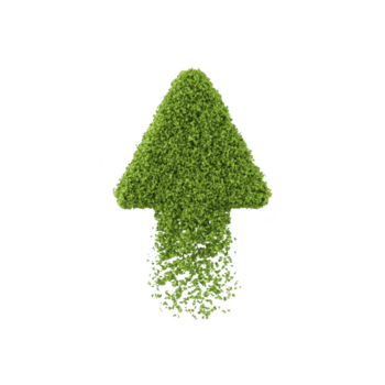 Green arrow made of lush foliage points upward, symbolizing growth and progress. bottom of arrow appears to disintegrate, adding dynamic effect png