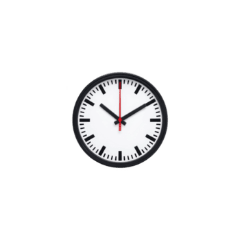 Round wall clock with white face, black hour and minute hands, and red second hand, displaying minimalist design. clock is set against plain background png