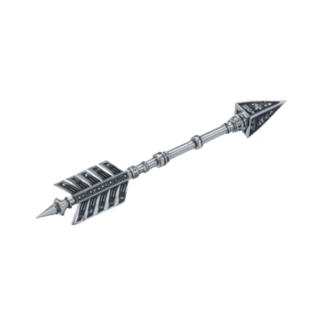 Detailed silver arrow with intricate designs, featuring sharp triangular tip and decorative fletching, is displayed against plain background. craftsmanship suggests blend of elegance png