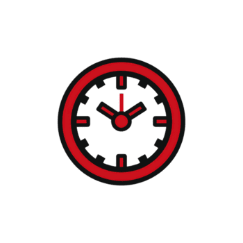 rosso e nero orologio icona con semplice disegno, con ora, minuto, e secondo mani, impostato contro trasparente sfondo. orologio viso è circolare con minimalista marcature png