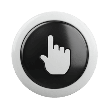 Round button with hand icon pointing upwards is depicted, featuring glossy black center and white border, symbolizing interaction or selection png