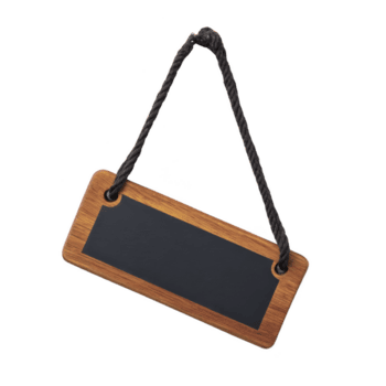 Rectangular wooden sign with black chalkboard center hangs from rope, perfect for customizable messages. rustic design adds charm to any setting png