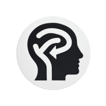 nero e bianca icona di umano testa con cervello e freccia dentro, simboleggiante pensiero o mentale processi. design è semplice e moderno, veicolare concetti di intelligenza e cognizione png