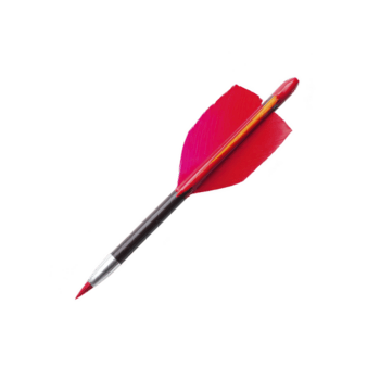 Red pen with feather design, resembling arrow, is isolated on transparency background. pen features sleek body and vibrant red feather accents, creating unique and creative appearance png