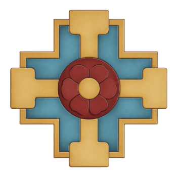 detta funktioner geometrisk design med central röd blomma motiv omgiven förbi korsa tycka om mönster blå och guld. symmetrisk design är visuellt slående och konstnärlig.geometrisk design med röd blomma png