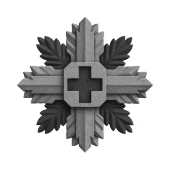 metalen, symmetrisch embleem Kenmerken kruis Bij haar centrum, omringd door blad Leuk vinden patronen, creëren stoutmoedig en ingewikkeld ontwerp. grijswaarden kleur regeling voegt toe klassiek en elegant tintje png