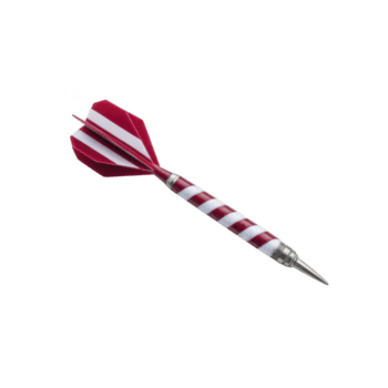 Red and white striped dart with metallic tip and red flights, isolated on transparency background. dart is designed for precision and accuracy in dart games png