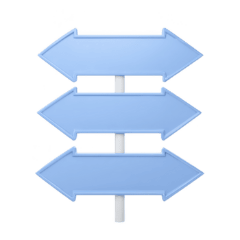 Three blue directional arrows on signpost, pointing left, symbolize choices and navigation. arrows are stacked vertically, each with white border, against plain background png