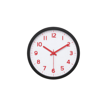 Round wall clock with white face and red numbers and hands, set against plain background. clock displays simple and modern design, emphasizing clarity and functionality png