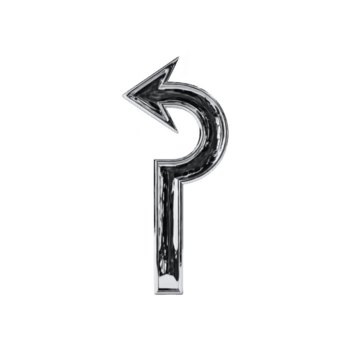 Shiny metallic arrow sign with curved design pointing left, symbolizing direction or navigation. reflective surface adds modern and sleek appearance png