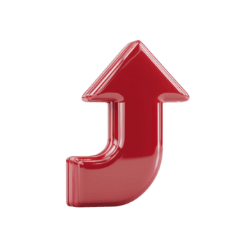 Shiny red 3D arrow pointing upwards with curved base, symbolizing direction and progress. glossy finish adds modern and dynamic feel to design png