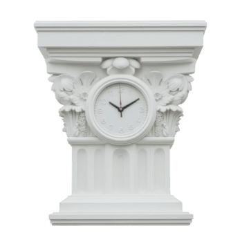 White decorative clock designed like classical architectural column, featuring intricate floral and leaf patterns, adds elegance and sophistication to any space png