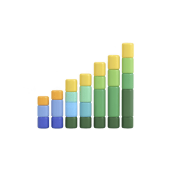 Colorful 3D bar chart with increasing height, featuring blue, yellow, and green blocks, representing data growth or progress. chart is isolated on transparency background png