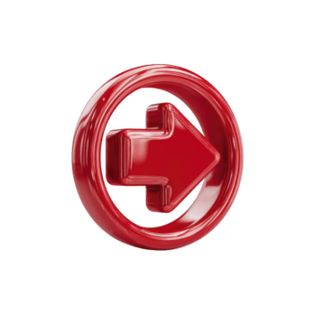 Shiny red 3D arrow pointing right is encased in circular frame, symbolizing direction and movement. glossy finish adds modern and dynamic feel to design png
