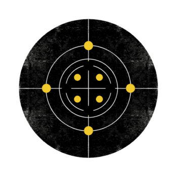 Black and yellow target with concentric circles and dots is displayed, often used for archery or shooting practice. design is simple and symmetrical png