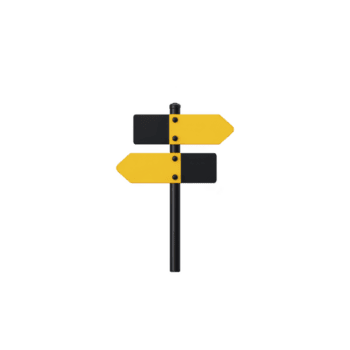 svart och gul riktnings vägvisare med två pilar pekande i motsatt vägbeskrivningar, symboliserar val och beslut tillverkning. vägvisare är isolerat på genomskinlighet bakgrund png