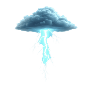 Digital illustration of dark cloud with bright blue lightning striking downward, creating dramatic and electrifying effect. cloud appears fluffy and contrasts with sharp, jagged lightning bolts png