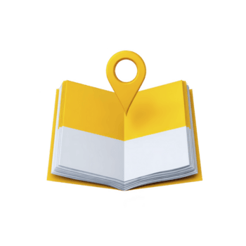Open book with yellow cover and location pin symbol on top represents navigation and learning. design is simple and modern, suggesting blend of education and technology png