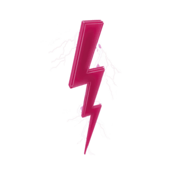 Vibrant pink lightning bolt with glossy finish is set against transparency background, surrounded by electric white lightning streaks, creating dynamic and energetic visual png