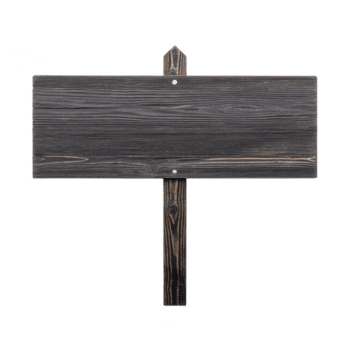 Rustic wooden sign with dark, weathered finish stands on single post, perfect for adding personalized messages or directions. texture and grain of wood add natural charm png
