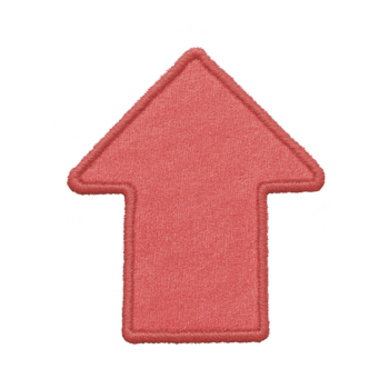 Red fabric arrow patch with textured surface and stitched edges, pointing upwards, isolated on transparency background. This decorative patch is ideal for clothing or accessories png