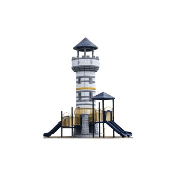 moderno terreno di gioco struttura con alto Torre con conico tetto, multiplo diapositive, e arrampicata le zone, progettato per bambini all'aperto giocare e avventura png