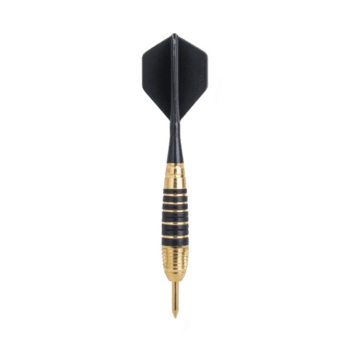 Single black and gold dart with pointed tip and flight is isolated on transparency background, showcasing its sleek design. dart is used in game of darts for precision aiming png