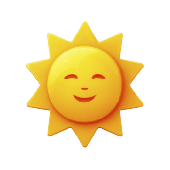 Cheerful, smiling sun icon with bright yellow color and glossy finish, featuring simple, friendly design. sun has round face and radiating triangular rays png