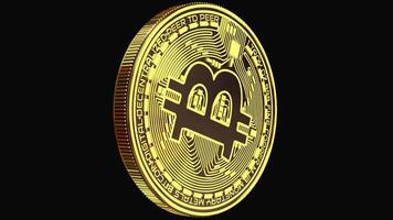 exklusiv gyllene bitcoin kryptovaluta mynt roterande oändligt i felfri slinga med alfa genomskinlighet, idealisk för finansiera och investering presentationer video