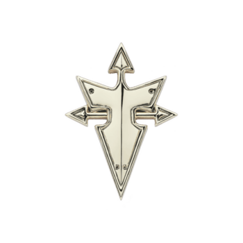 metallisch, symmetrisch Emblem mit Pfeil mögen Erweiterungen und zentral spitz Design, ähnlich stilisiert Kompass oder gerichtet Symbol. Design ist glatt und modern, mit reflektierend Oberfläche png