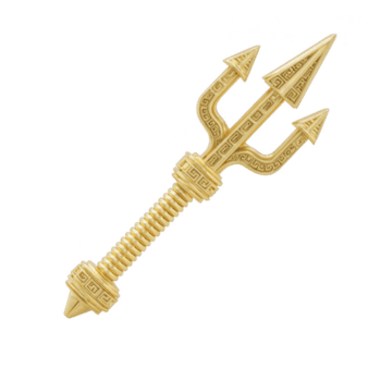 dorado tridente con intrincado geométrico patrones y texturizado manejar, simbolizando poder y autoridad. diseño es florido y detallado, reflejando antiguo artesanía png